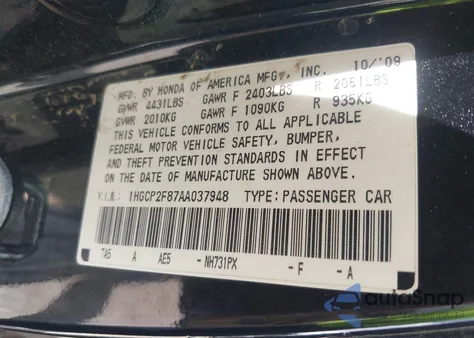 2010 Honda Accord 2.4 Ex-L from USA, damaged, VIN 1HGCP2F87AA037948